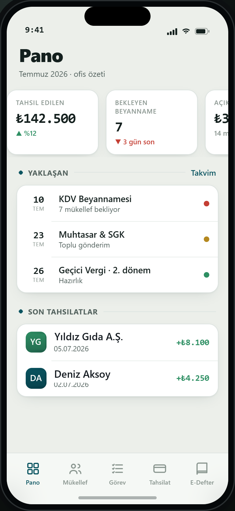 Kaşe Cep mobil uygulaması Pano ekranı: tahsilat özeti, yaklaşan son tarihler ve son tahsilatlar listesi